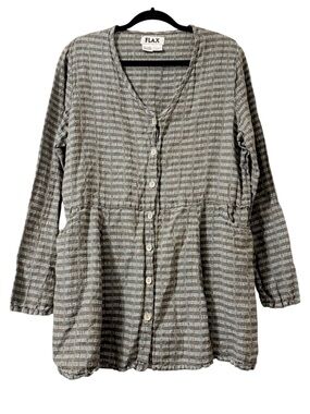 Flax Linen Green Toned Button Down Long Sleeve Tunic Top With Pockets Medium